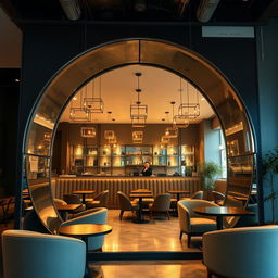 An Instagram-worthy coffee shop corner featuring a stunning floor-to-ceiling arch mirror without any border, creating a sleek and sophisticated focal point