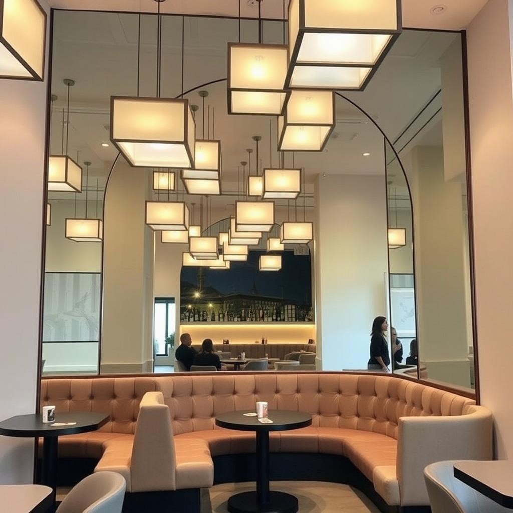 An Instagram-worthy coffee shop corner featuring a stunning floor-to-ceiling arch mirror without any border, creating a sleek and sophisticated focal point