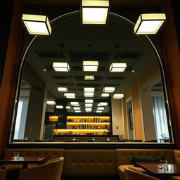 An Instagram-worthy coffee shop corner featuring a stunning floor-to-ceiling arch mirror without any border, creating a sleek and sophisticated focal point