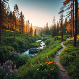 a picturesque landscape featuring a lush green forest with vibrant wildflowers in bloom, a serene river flowing gently through the scene, and the warm sunlight casting a golden glow on the surroundings, an inviting hiking trail winding through the trees, perfect for a peaceful escape into nature