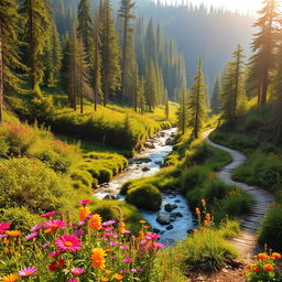 a picturesque landscape featuring a lush green forest with vibrant wildflowers in bloom, a serene river flowing gently through the scene, and the warm sunlight casting a golden glow on the surroundings, an inviting hiking trail winding through the trees, perfect for a peaceful escape into nature