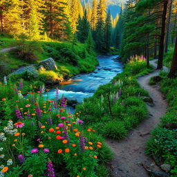 a picturesque landscape featuring a lush green forest with vibrant wildflowers in bloom, a serene river flowing gently through the scene, and the warm sunlight casting a golden glow on the surroundings, an inviting hiking trail winding through the trees, perfect for a peaceful escape into nature
