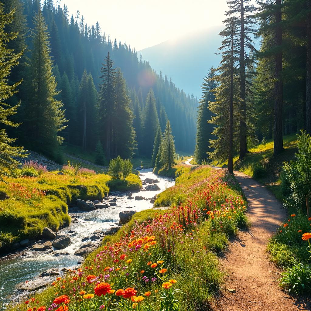 a picturesque landscape featuring a lush green forest with vibrant wildflowers in bloom, a serene river flowing gently through the scene, and the warm sunlight casting a golden glow on the surroundings, an inviting hiking trail winding through the trees, perfect for a peaceful escape into nature