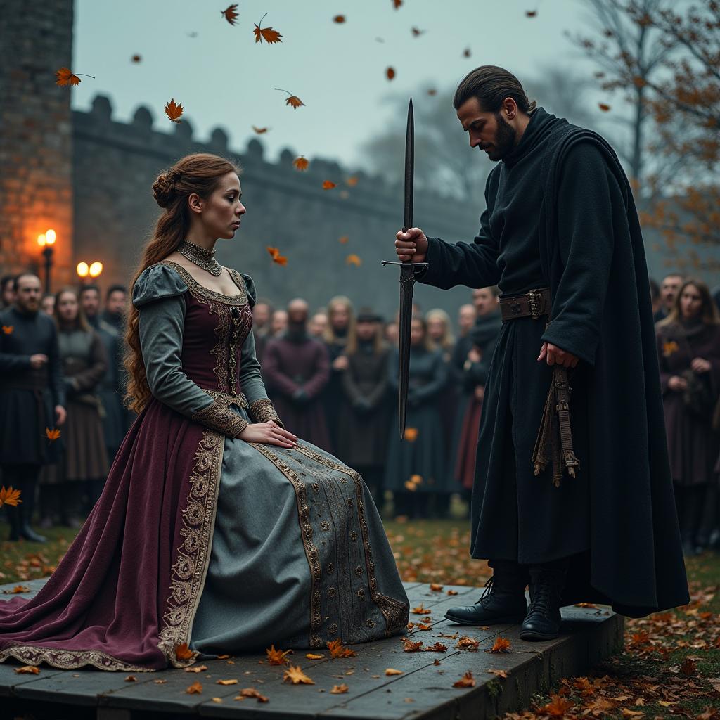 A dramatic scene depicting the beheading of a queen in a historical setting