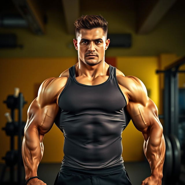 A powerful and muscular individual showcasing impressive physique, standing confidently in a dynamic pose