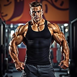 A powerful and muscular individual showcasing impressive physique, standing confidently in a dynamic pose
