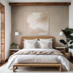 An exquisite bedroom featuring a beautiful Venetian plaster wall, a clean and crisp white linen bed, stylish rattan accents, and a large, eye-catching artwork.