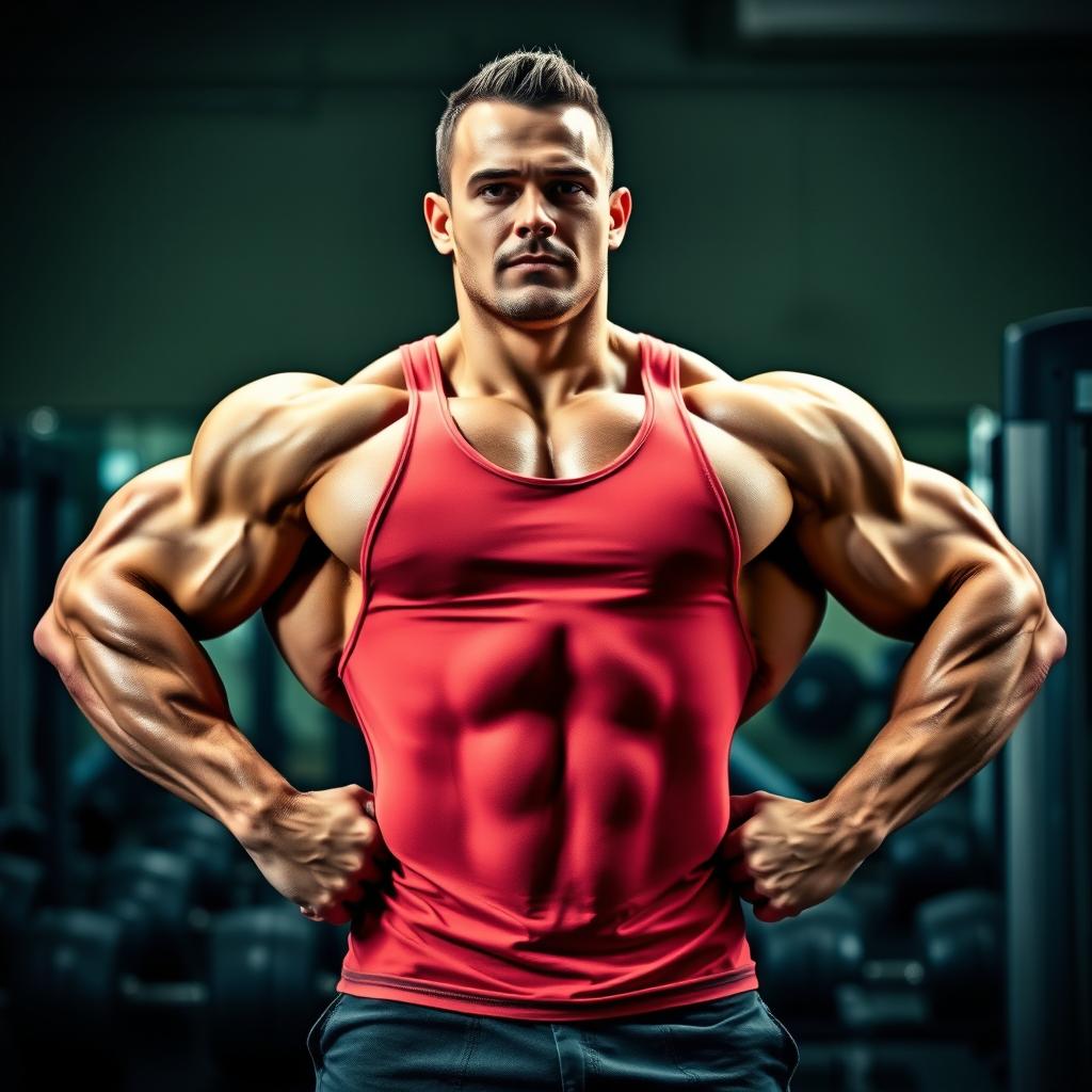 A powerful and muscular individual showcasing impressive physique, standing confidently in a dynamic pose