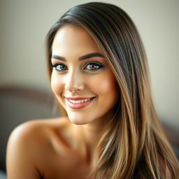 A close-up portrait of a beautiful woman with long flowing hair, seated gracefully against a softly blurred background