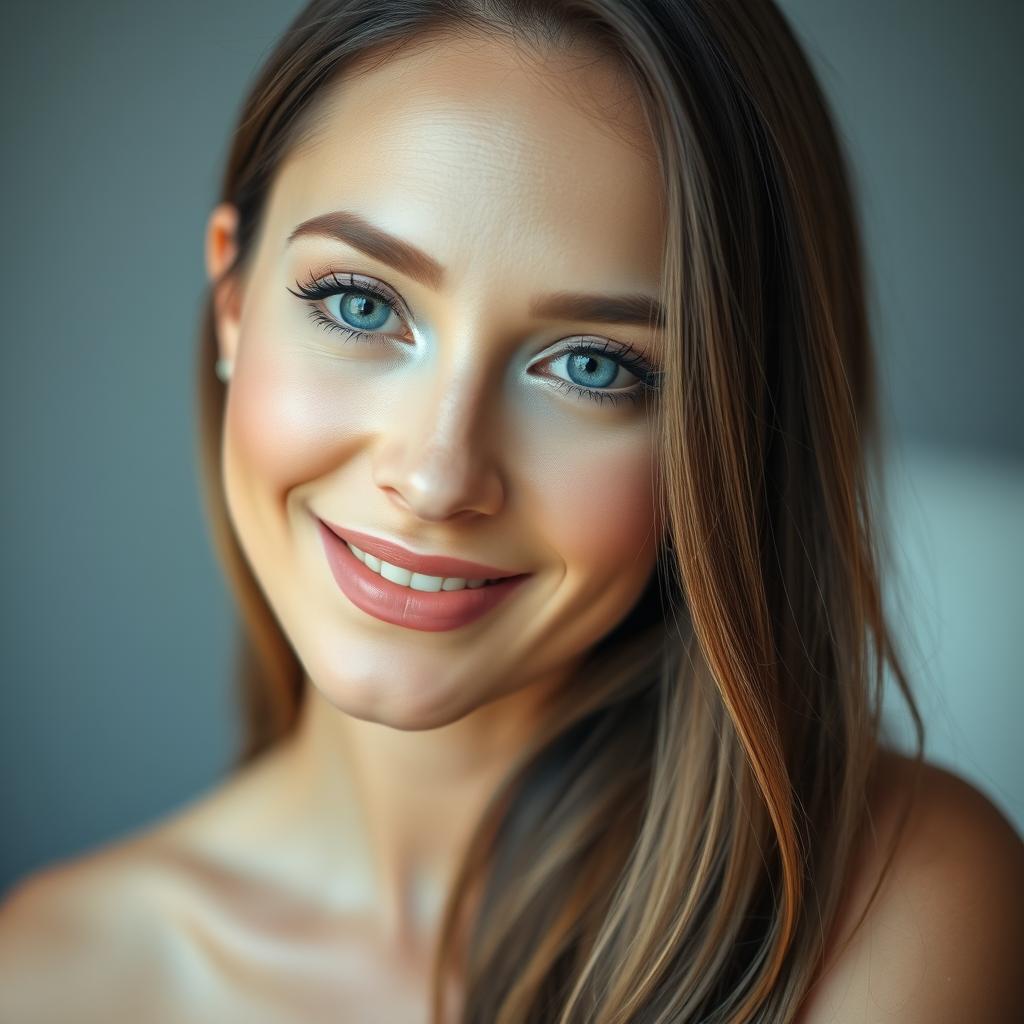 A close-up portrait of a beautiful woman with long flowing hair, seated gracefully against a softly blurred background