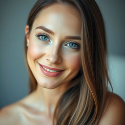 A close-up portrait of a beautiful woman with long flowing hair, seated gracefully against a softly blurred background