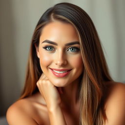 A close-up portrait of a beautiful woman with long flowing hair, seated gracefully against a softly blurred background