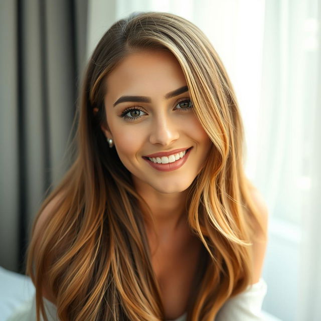 A close-up portrait of a beautiful woman with long flowing hair, seated gracefully against a softly blurred background