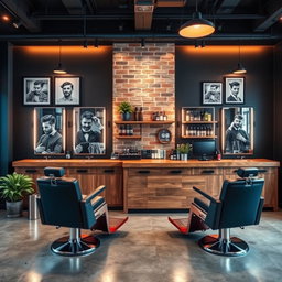 An interior design of a modern barbershop, featuring sleek barber chairs, vintage mirrors, and stylish ambient lighting