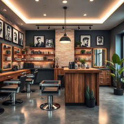 An interior design of a modern barbershop, featuring sleek barber chairs, vintage mirrors, and stylish ambient lighting