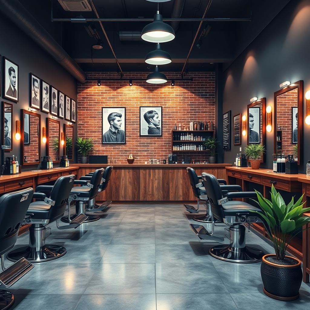 An interior design of a modern barbershop, featuring sleek barber chairs, vintage mirrors, and stylish ambient lighting