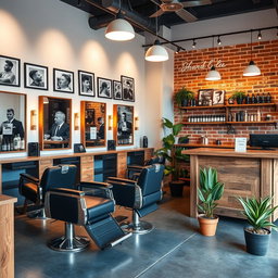 An interior design of a modern barbershop, featuring sleek barber chairs, vintage mirrors, and stylish ambient lighting
