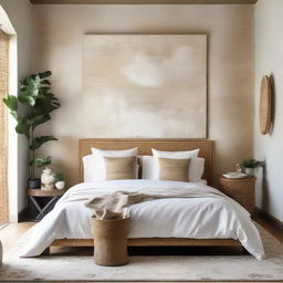 An exquisite bedroom featuring a beautiful Venetian plaster wall, a clean and crisp white linen bed, stylish rattan accents, and a large, eye-catching artwork.