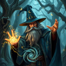 A powerful wizard casting a spell, with intricate details on their robes showing various arcane symbols