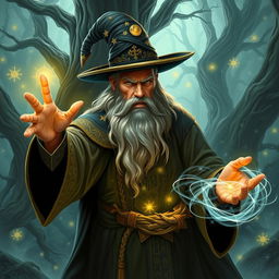 A powerful wizard casting a spell, with intricate details on their robes showing various arcane symbols
