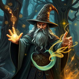 A powerful wizard casting a spell, with intricate details on their robes showing various arcane symbols