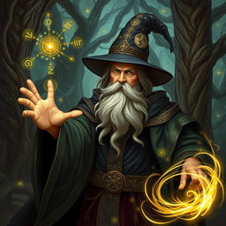 A powerful wizard casting a spell, with intricate details on their robes showing various arcane symbols