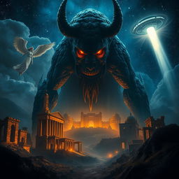 An eye-catching scene featuring an imposing and mysterious Nephilim giant with glowing eyes and a supernatural aura