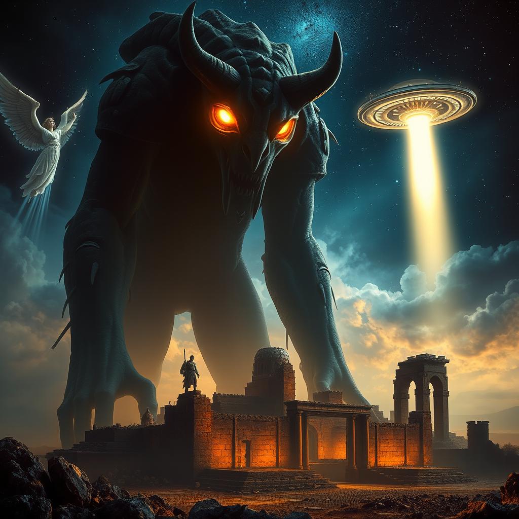 An eye-catching scene featuring an imposing and mysterious Nephilim giant with glowing eyes and a supernatural aura