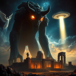An eye-catching scene featuring an imposing and mysterious Nephilim giant with glowing eyes and a supernatural aura