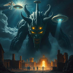 An eye-catching scene featuring an imposing and mysterious Nephilim giant with glowing eyes and a supernatural aura