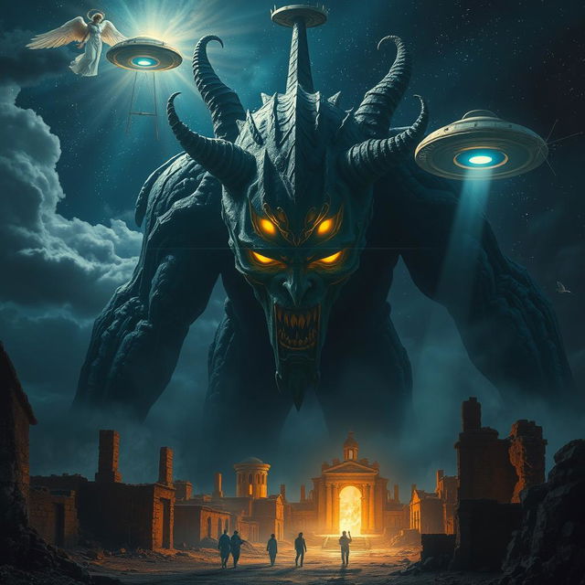 An eye-catching scene featuring an imposing and mysterious Nephilim giant with glowing eyes and a supernatural aura