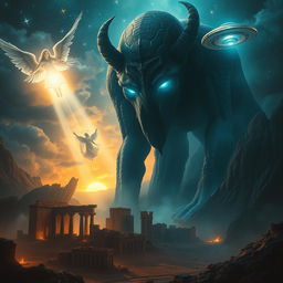 An eye-catching scene featuring an imposing and mysterious Nephilim giant with glowing eyes and a supernatural aura