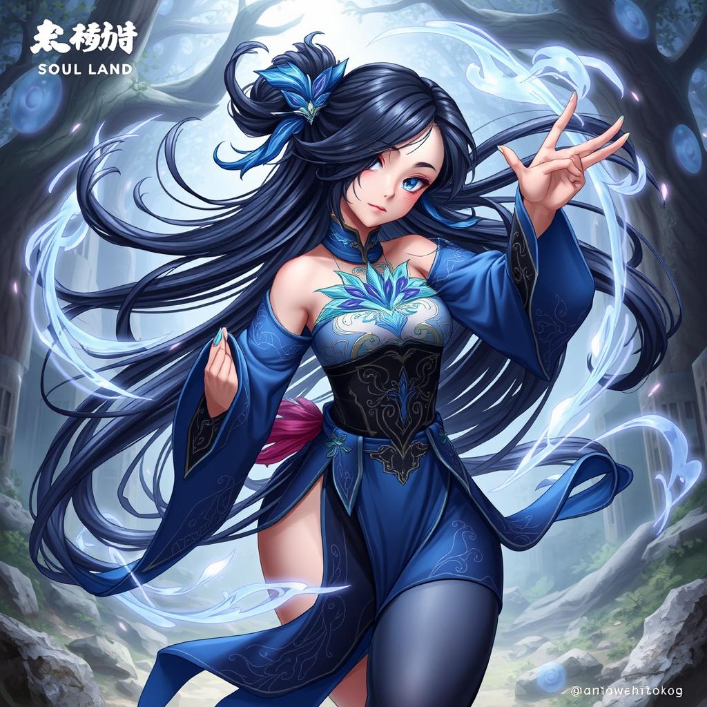A detailed illustration of Zhu Zhuqing from Soul Land featuring her unique blue and black outfit, with intricate designs and patterns