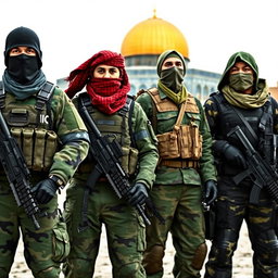 A strikingly realistic image of four soldiers exuding authority and presence, each dressed in distinct camouflaged military uniforms with intricate details