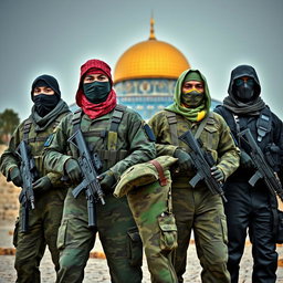 A strikingly realistic image of four soldiers exuding authority and presence, each dressed in distinct camouflaged military uniforms with intricate details