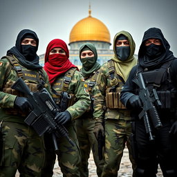 A strikingly realistic image of four soldiers exuding authority and presence, each dressed in distinct camouflaged military uniforms with intricate details