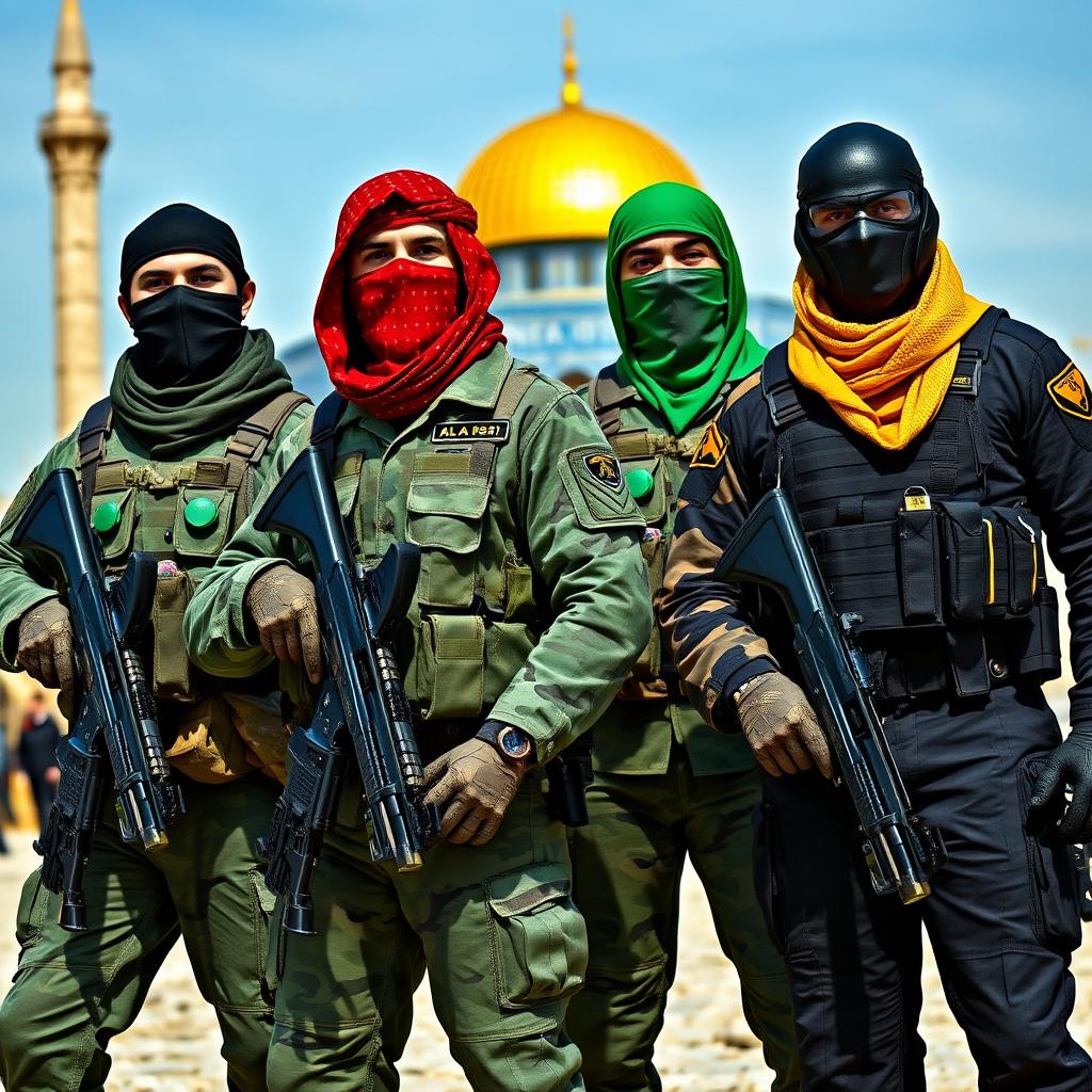 A strikingly realistic image of four soldiers exuding authority and presence, each dressed in distinct camouflaged military uniforms with intricate details