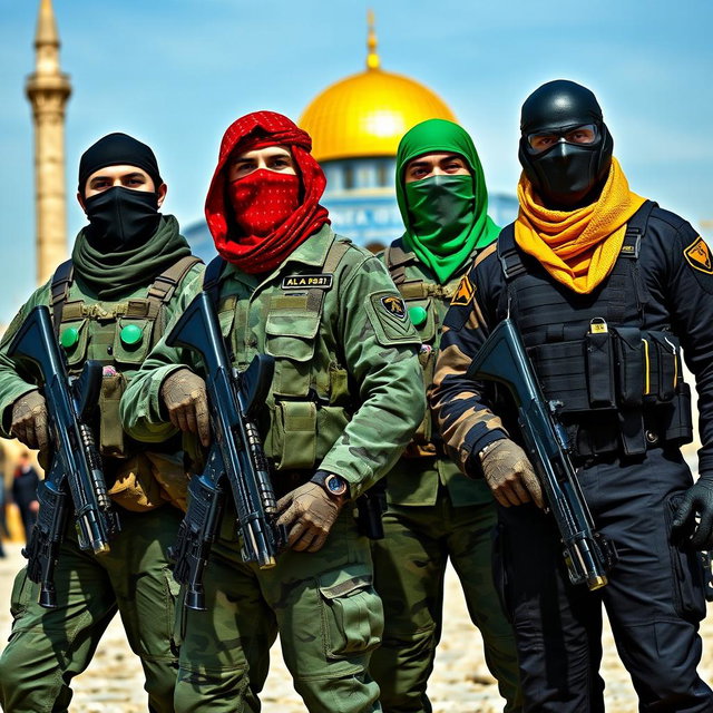 A strikingly realistic image of four soldiers exuding authority and presence, each dressed in distinct camouflaged military uniforms with intricate details