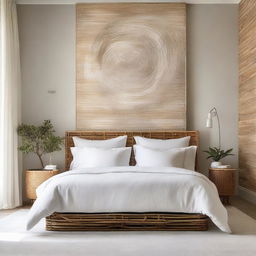 An exquisite bedroom featuring a beautiful Venetian plaster wall, a clean and crisp white linen bed, stylish rattan accents, and a large, eye-catching artwork.