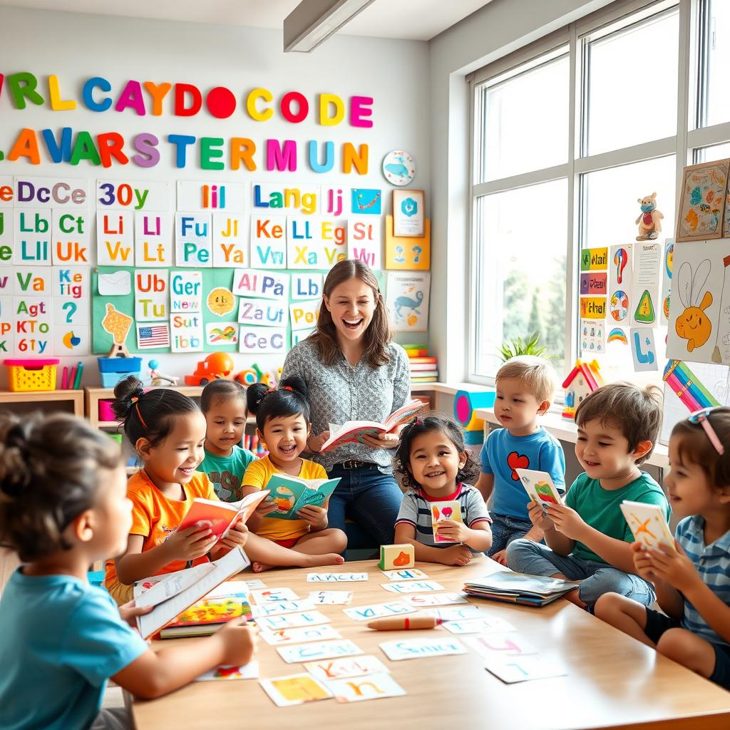 A vibrant and inviting scene depicting a language course for children