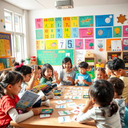 A vibrant and inviting scene depicting a language course for children