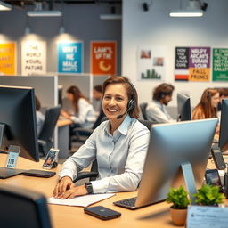 A busy call center scene where a friendly customer service representative is engaged in a phone call