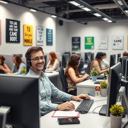 A busy call center scene where a friendly customer service representative is engaged in a phone call