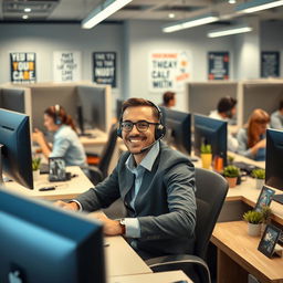 A busy call center scene where a friendly customer service representative is engaged in a phone call