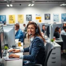 A busy call center scene where a friendly customer service representative is engaged in a phone call
