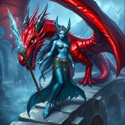 A powerful female merfolk wizard with striking blue skin and majestic fin-like ears, stands confidently on a grand stone bridge
