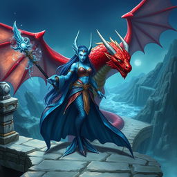 A powerful female merfolk wizard with striking blue skin and majestic fin-like ears, stands confidently on a grand stone bridge