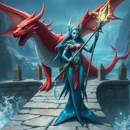 A powerful female merfolk wizard with striking blue skin and majestic fin-like ears, stands confidently on a grand stone bridge
