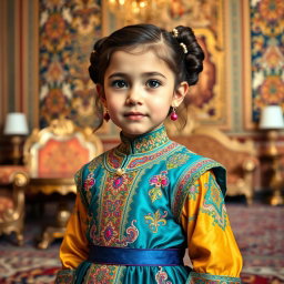 A 9-year-old girl wearing an exquisite Qajar royal dress, intricately designed with vibrant colors and rich textures