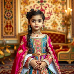 A 9-year-old girl wearing an exquisite Qajar royal dress, intricately designed with vibrant colors and rich textures